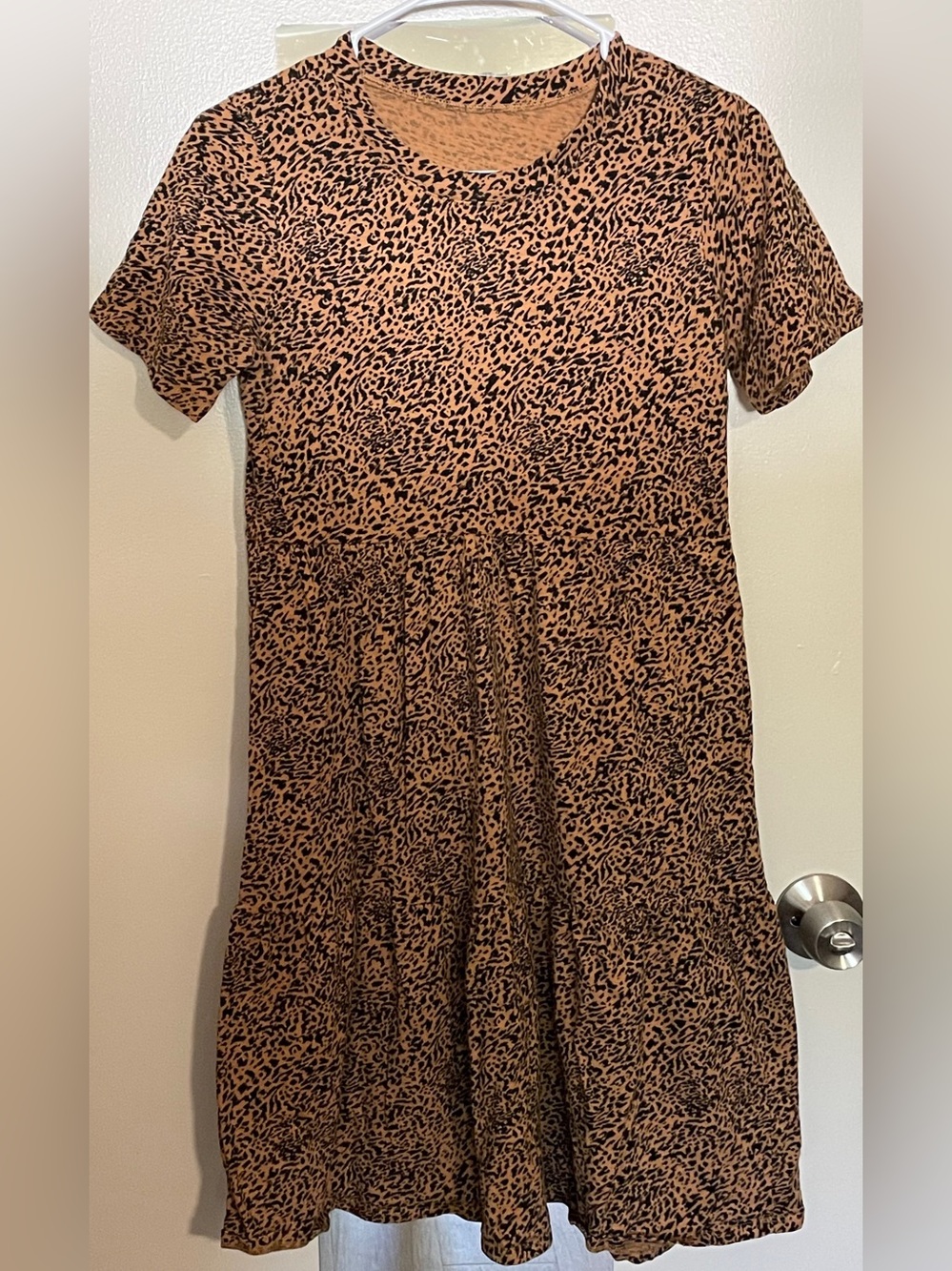 Leopard/cheetah print short summer t-shirt baby doll dress tiered womens size S